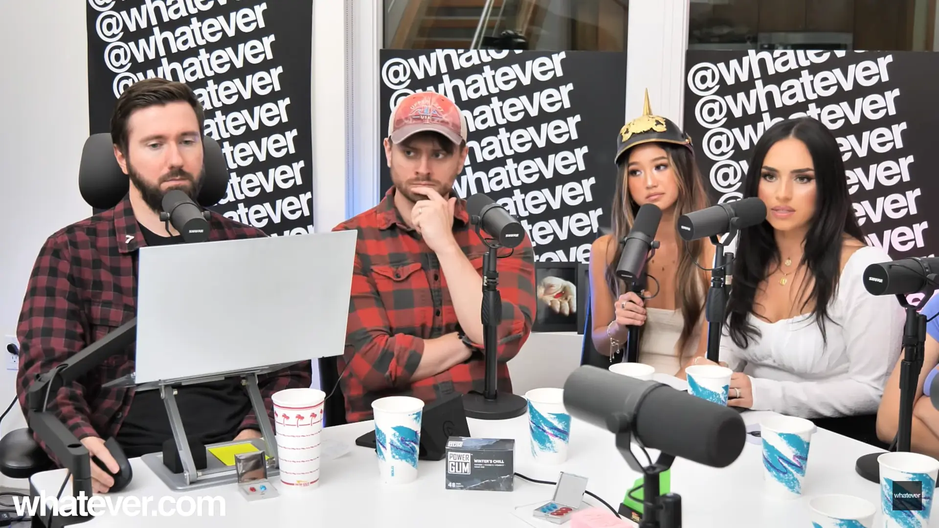 Gia Whatever Podcast sitting in the Episode of Whatever Podcast-Gia Chacon